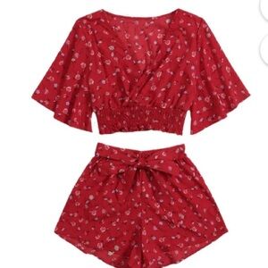 Small SHEIN Red Floral Boho Shorts and Top Set with VNeck and Smocking